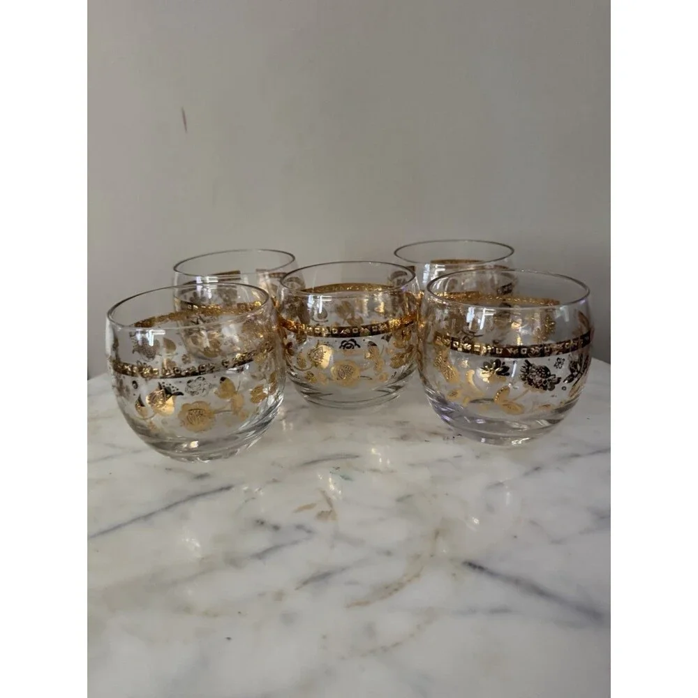 Vintage Culver Chantilly Roly Poly Glasses Mid Century Gold Floral Barware Set 5